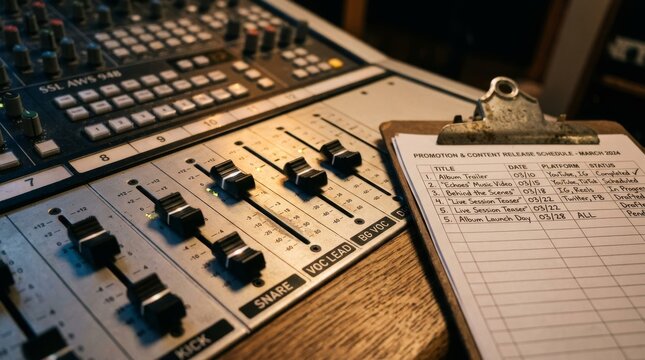 Professional Audio Mixing Console with Content Release Schedule on Clipboard in a Music Recording Studio Close-up, Concept of Music Production, Marketing Strategy and Sound Engineering Workflow