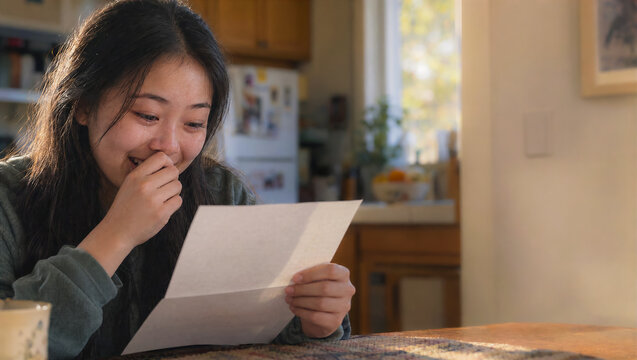 College acceptance announcement, close-up of teenage girl of Vietnamese descent sitting desk, genuinely overjoyed her acceptance into college, features theme academic achievement, copy space for text