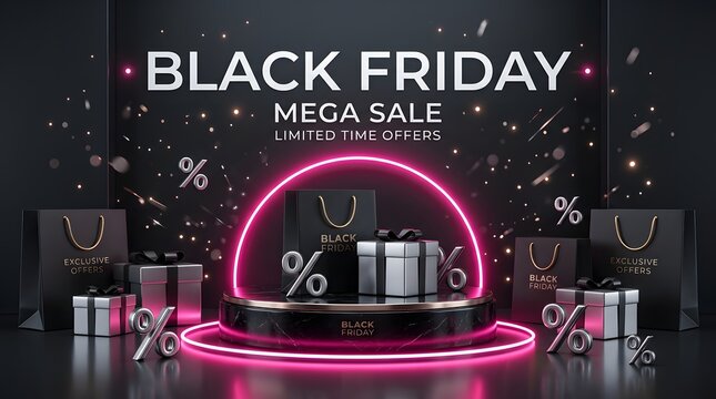 Black friday mega sale banner with neon pink circular light, gift boxes, shopping bags, and percentage signs on a luxury marble podium