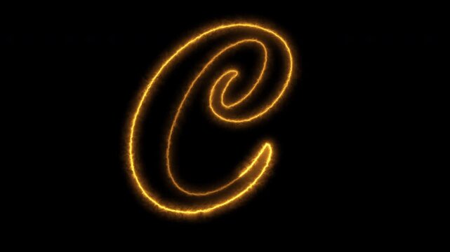 Glowing cursive letter C animates with energy on black background, motion graphic element.