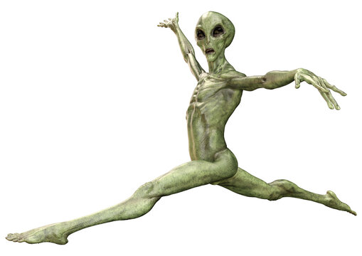 3D Rendering Green Alien on White