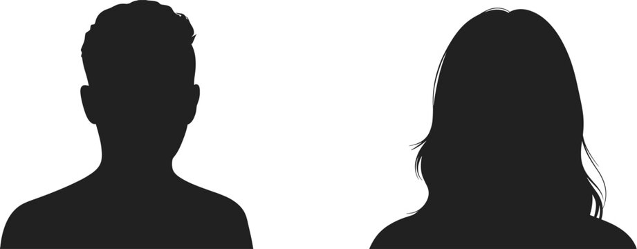 Two black silhouettes of a man and a woman head and shoulders portrait facing forward on white background