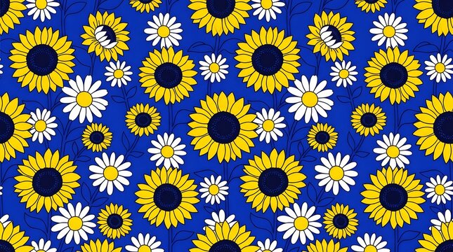 Vibrant sunflower seamless pattern, yellow floral background with white daisies on blue, summer botanical textile print for fabric and wallpaper