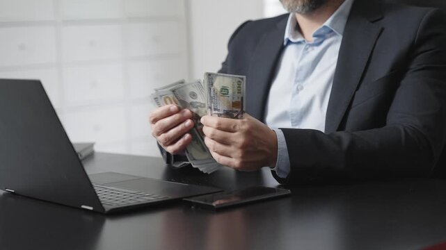 Finance concept with counting money machine in office. Counting cash close up. Finance expert. Financial manager handling money. Business and financial growth. Banking operation in office.