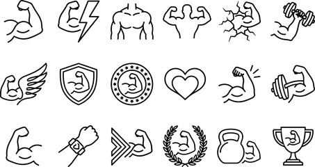 Fototapeta premium Fitness and bodybuilding line art icon set featuring bicep muscle power dumbbell chest shield heart trophy kettlebell smart watch energy