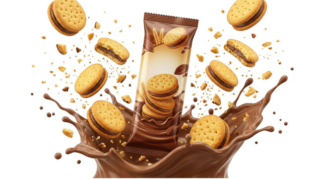 Chocolate sandwich cookies splashing in milk isolated on transparent background