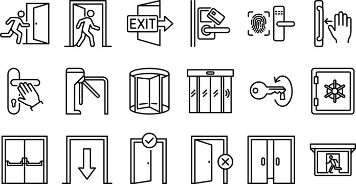 Emergency exit and door access control line art icon set featuring security handle turnstile fingerprint keycard automatic sliding entryway safe