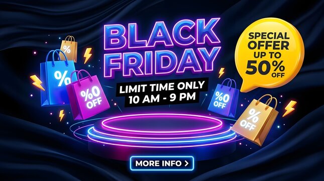 Neon black friday sale banner with blue and purple podium and shopping bags