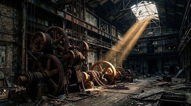 Old industrial machine in dark abandoned factory