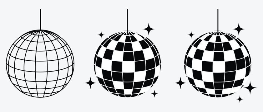 Disco ball icon clipart and lineart vector symbols. Disco Ball Party Mirror Monochrome. Silhouette of Disco ball icon set. Disco ball vector line icon illustration collection.