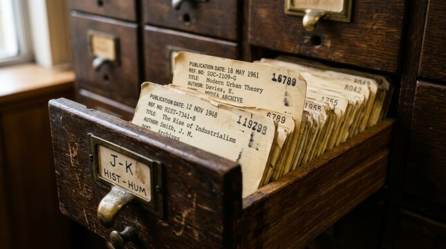 Macro capture of vintage library card catalog drawers filled with antique index cards showing old publication records for research, education, and historical archiving in a classic library.