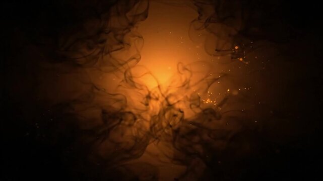 Halloween Background with Smoky Black Tendrils, Swirling Orange Ink, Glowing Light, Eerie Dark Atmosphere, Sparkling Particles, Mysterious Seasonal Design and Spooky Celebration Artwork
