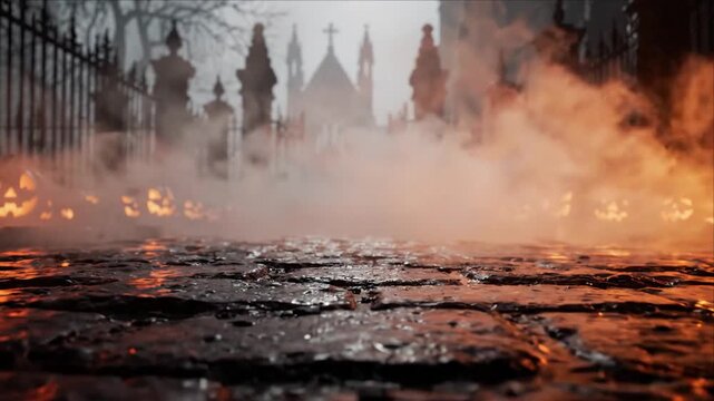 Halloween Background Glowing Pumpkin Lantern Fog Wet Cobblestone Street Gothic Cemetery Gate Spooky Misty Night Atmosphere Eerie Cathedral Path Halloween Scene