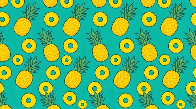 Vibrant pineapple seamless pattern, tropical fruit illustration on turquoise background, summer food wallpaper with yellow pineapples and rings