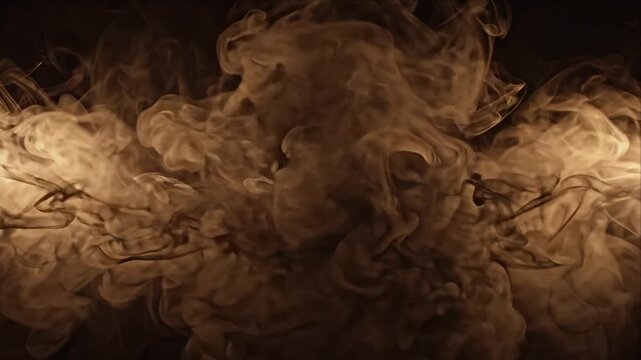Halloween background with swirling sepia smoke, abstract symmetrical cloud formations, mysterious atmospheric texture, warm golden contrast, dark center, eerie seasonal design composition for spooky