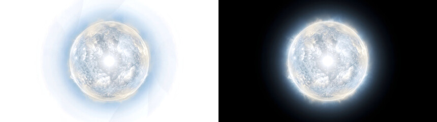 Obraz premium Sparkling white star glowing sphere with bright central flare for cosmic design in PNG, Transparent and Black Background Versions for creative projects
