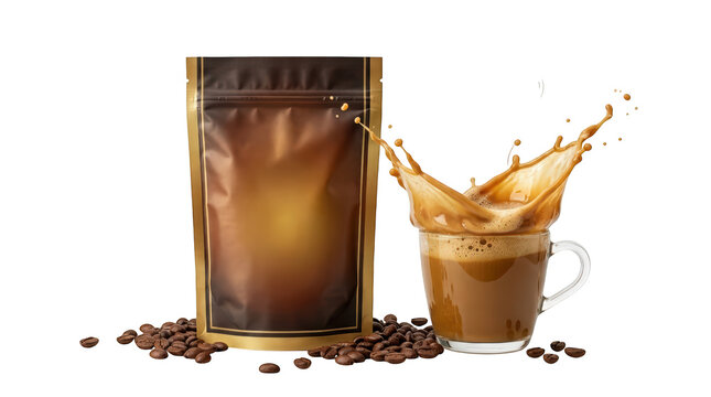 Brown coffee bag and splashing cup of coffee, isolated on transparent background