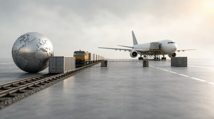 Fototapeta premium supply chain management logistics risk management. Global logistics concept with airplane, freight train, shipping containers, and a metallic globe on a concrete surface.