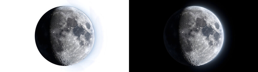 Waning gibbous moon glowing sphere with cratered surface half lit by sunlight for space design in PNG, Transparent and Black Background Versions © Tanay
