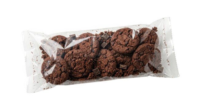Clear plastic pack of chocolate cookies isolated on transparent background