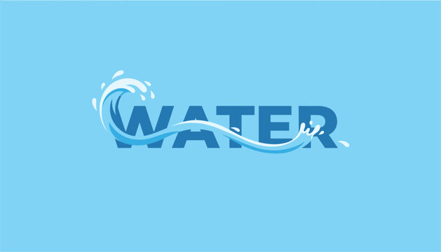 Dynamic water logo featuring bold blue text integrated with a stylized curling ocean wave and splashing water droplets.