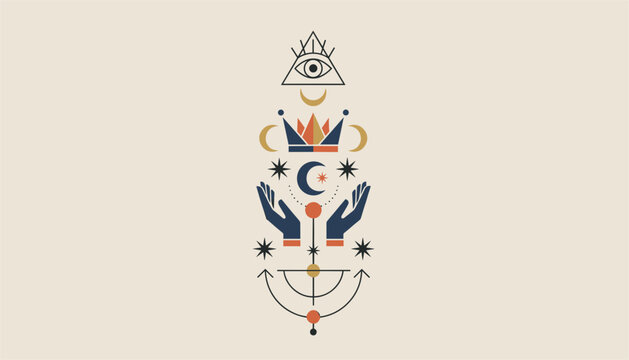 Intricate arrangement of mystical and esoteric symbols including an eye, crown, crescent moons, stars, and open hands.