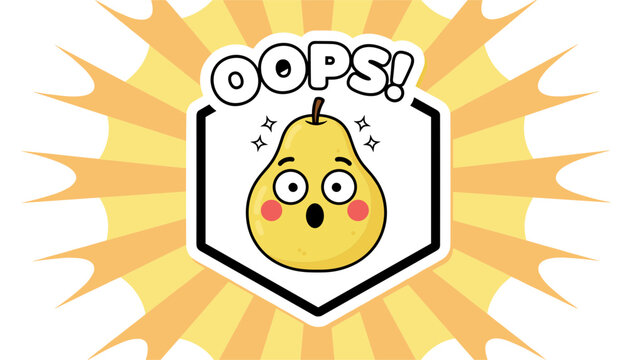 Cute cartoon pear character with an oops expression and rosy cheeks set against a vibrant yellow starburst and hexagonal frame.