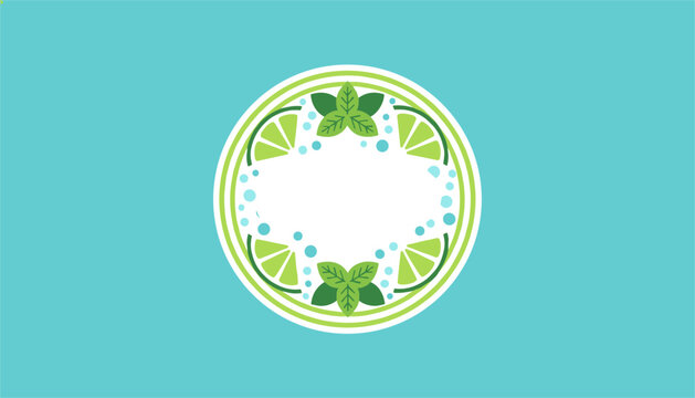 Refreshing lime and mint beverage label design with green citrus slices and bubbles on a vibrant turquoise background circle.