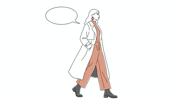 Stylish woman walking while wearing a long trench coat and wide leg pants with an empty speech bubble above her.