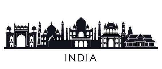 Obraz premium India Silhouette Skyline - Taj Mahal and Historic Architecture