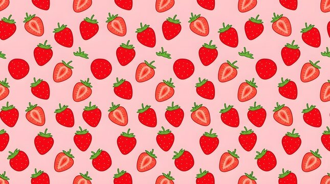 Seamless strawberry pattern with red fruit illustrations, cute summer berry background on pink, repetitive sweet food texture for textile design