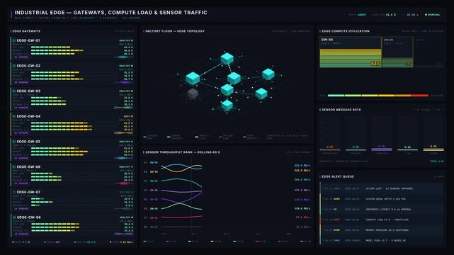 Explore a modern industrial edge-computing dashboard displaying real-time sensor traffic, compute load, and gateway status in a vibrant and dynamic interface.