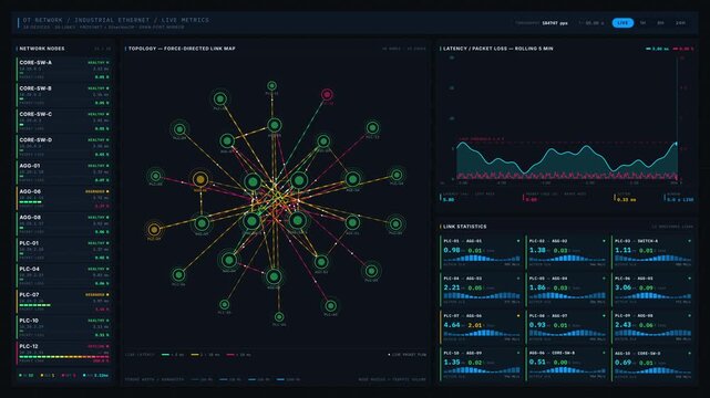 Visualize real-time industrial network performance metrics with a detailed dashboard displaying PLC connections, latency, and packet loss on a dark themed interface.