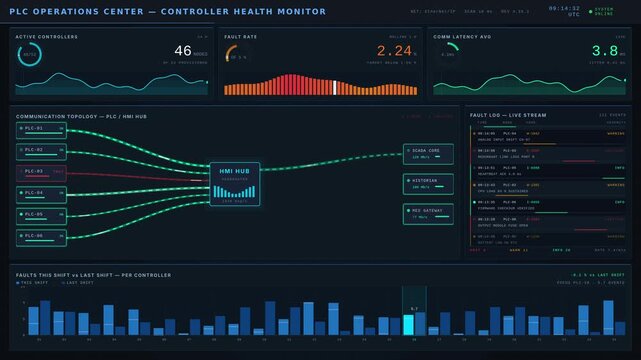 Explore a high-tech PLC operations dashboard showcasing controller health, faults, and communication metrics in a sleek dark mode interface with real-time updates.