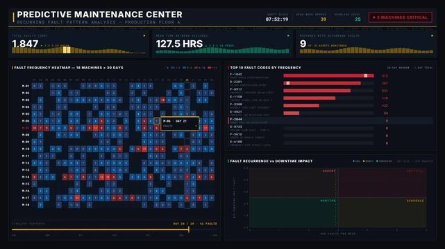A detailed PLC maintenance dashboard visualizing recurring faults across production machines with analytics, charts, and color-coded fault frequency indicators for effective operations management.