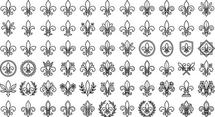 Fleur de lis ornamental line art collection featuring elegant heraldic symbols, decorative floral motifs, vintage emblems, borders, and classic designsFleur de lis ornamental line art collection  © MdMostafijur