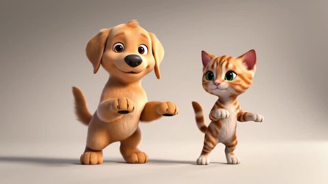 Happy Cartoon Puppy and Kitten Dancing Joyfully in Synchronization Seamless Looping Motion 4K