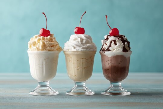 three delicious ice cream sundaes in glass cups