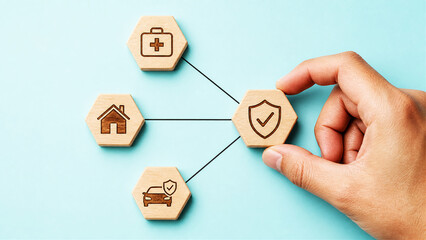 Obraz premium Insurance Protection Concept with Shield, Health, Home and Car Icons
