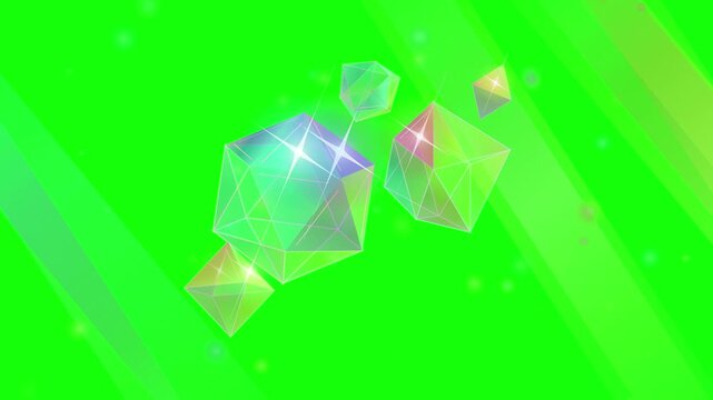 Glowing faceted geometric crystals rotating and floating on green screen background