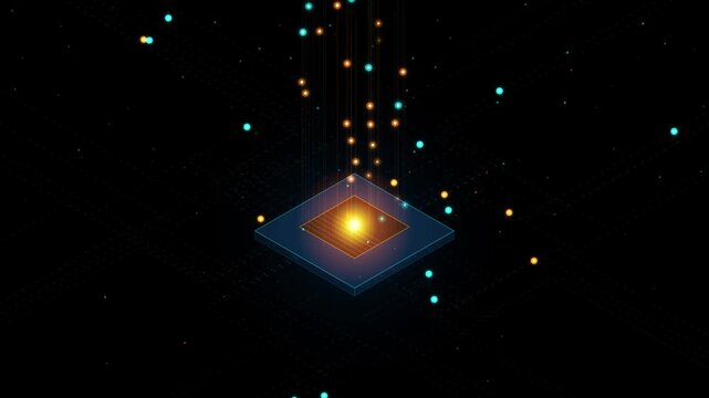 Futuristic glowing quantum core with digital particles