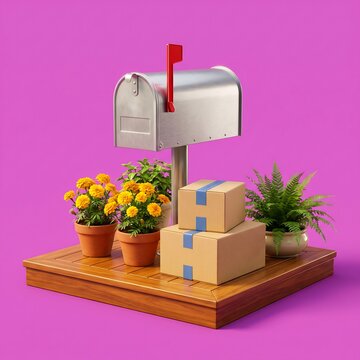 World Post Day 3D Mailbox and Delivery Parcels on Purple Background