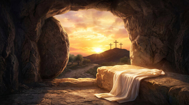 Interior view of the open empty tomb of Jesus with white burial cloth overlooking Calvary hill with three crosses at golden sunrise