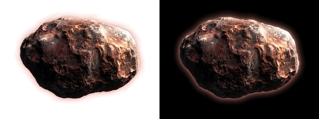 Asteroid elongated rock with rust colored cratered surface and rugged terrain illustration for astronomy science design featuring PNG, Transparent and Black Background Versions © Tanay