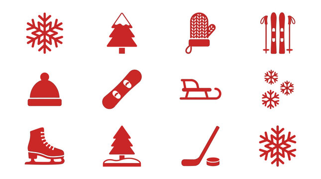 Red winter sport and weather icons on a white background