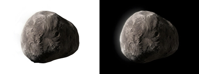 Asteroid lumpy shape with multiple craters and rough gray cratered texture illustration for astronomy science design featuring PNG, Transparent and Black Background Versions © Tanay