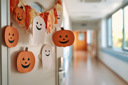 Halloween decorations with paper pumpkins and friendly ghosts displayed in a hospital corridor, creating a cheerful seasonal atmosphere for patients and staff