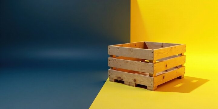 Empty wooden crate on a vibrant yellow and dark blue background, ready for product display or rustic design element.