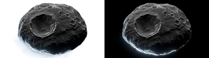 Asteroid rocky surface with large impact crater and rough cratered texture illustration for astronomy science design featuring PNG, Transparent and Black Background Versions © Tanay