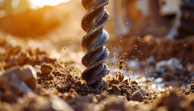 Spiral earth auger penetrating dry soil, loose dirt and small rocks around the drilling point, rugged construction site. Close-up.